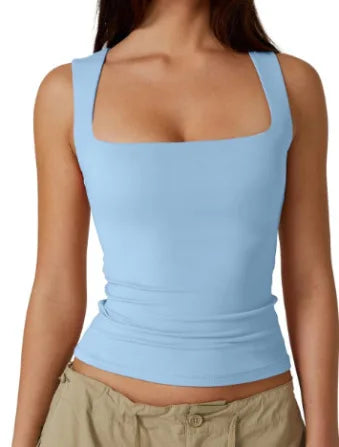 Kynþokkafull slimming t-shirts fyrir konur tísku ferningur háls ermalaus toppar harajuku skriðdreka kona föt frjálslegur toppur teigur götufatnaður