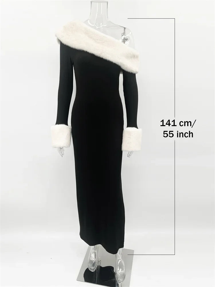 Tosy fluffy winter schlank maxi kleid weibliche hohe taille langhülle sexy sexy offschuld patchwork bodycon ladies Party Kleid