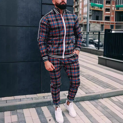 2025 Herbst Herum Männer Tracksuit 2pc Set Plaid Zipper Sweatshirt Jacke Langes Hosen Freigelegte Fitnessstudio Running Jogging Outfit Fleece Sportswear