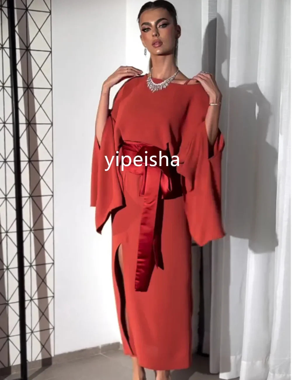 Customized Formal Jersey Pleat Sash Straight Scoop Neck Midi Dresses Homecoming  Sexy Sparkle Sizes Available Intricate Matching