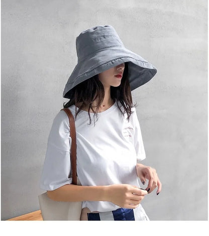 Women Cotton Wide Brim Sun Hats Metal Wired Edge Summer UV Protection UPF Boho Hat for Beach Hiking Garden Travel Chin Strap