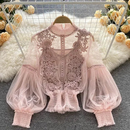 Čipka puff dugi rukavi bluza vintage modne bluze elegantne femme blusas korejske žene vrhovi žene majice odjeća Dropshipping