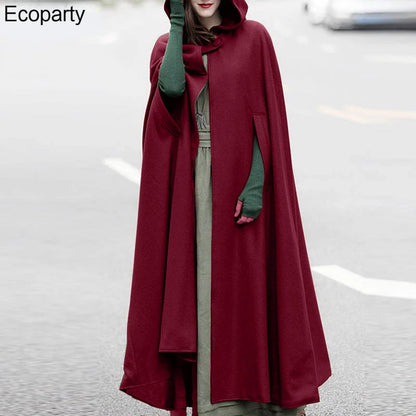 Women Long Cape Cloak Stylish Hooded Wool Blend Cloak Coat Ladies Autumn Hoodies Poncho Warm Cosplay Jackets Outwear Windbreaker