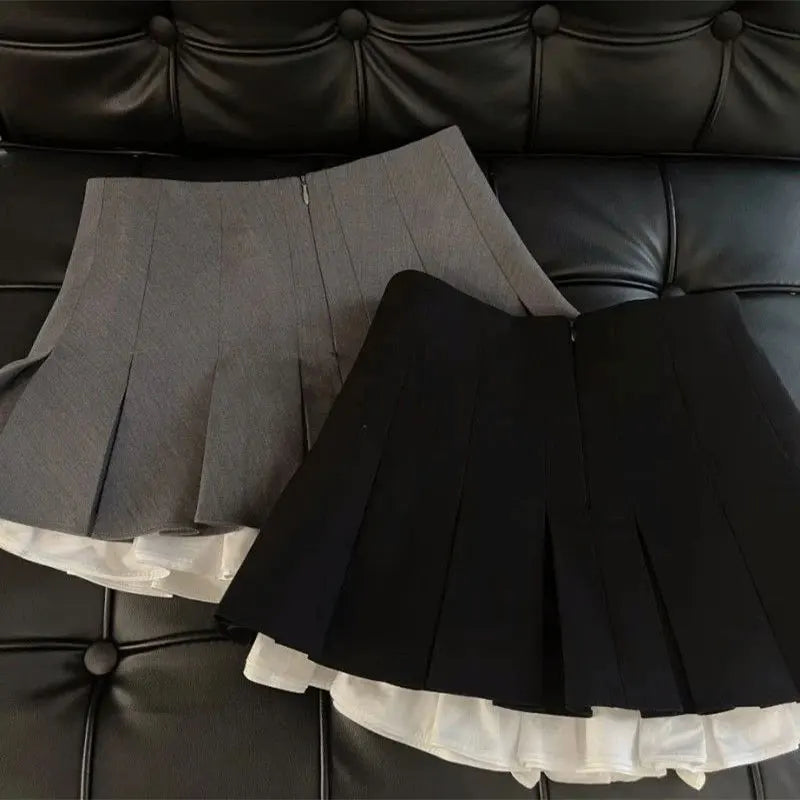 Mooyufon ruffles svart minikjol kvinnor koreanska lapptäcke veckade kjolar japanska kawaii hög midja alla matchar en linjekjol ny
