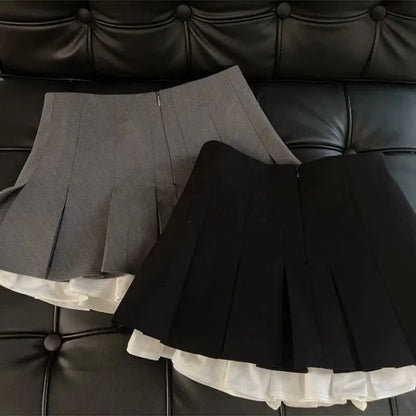 Mooyufon ruffles svart minikjol kvinnor koreanska lapptäcke veckade kjolar japanska kawaii hög midja alla matchar en linjekjol ny
