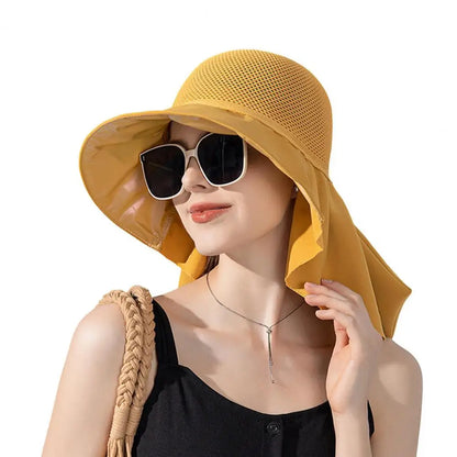 Summer Women Bucket Hat with Shawl Breathable Mesh Face Neck Protection Sun Hat Bow Pleat Wide Brim Hat Travel Beach Cap