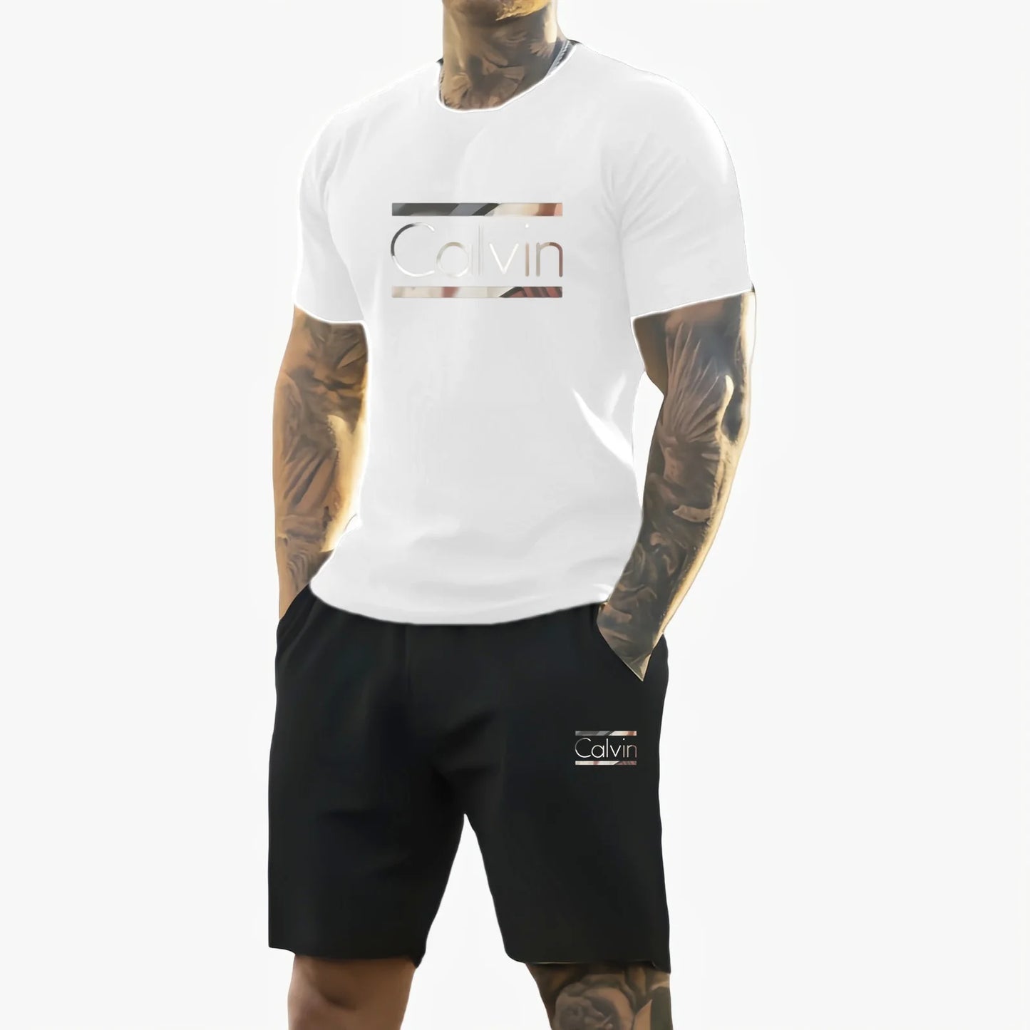 Men 2025 summer new casual sports suit Fashion breathable outdoor men's short-sleeved T-shirt + training shorts two-piece set