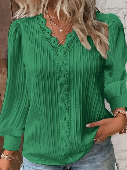Elegant sommer hul blonder patchwork kvinder shirt chic blouse v nakke langærmet shirt almindelig blonder afslappet grundlæggende regelmæssige toppe