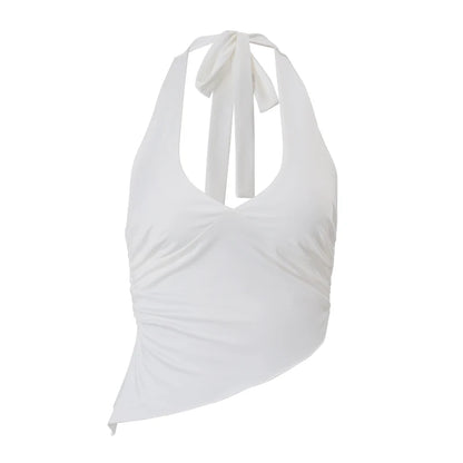 WhereMery Casual Solid Women Halter Crop Top Y2K Elegant V neck Sleeveless Fold Summer Tees Formal Streetwear Sporty Female Vest