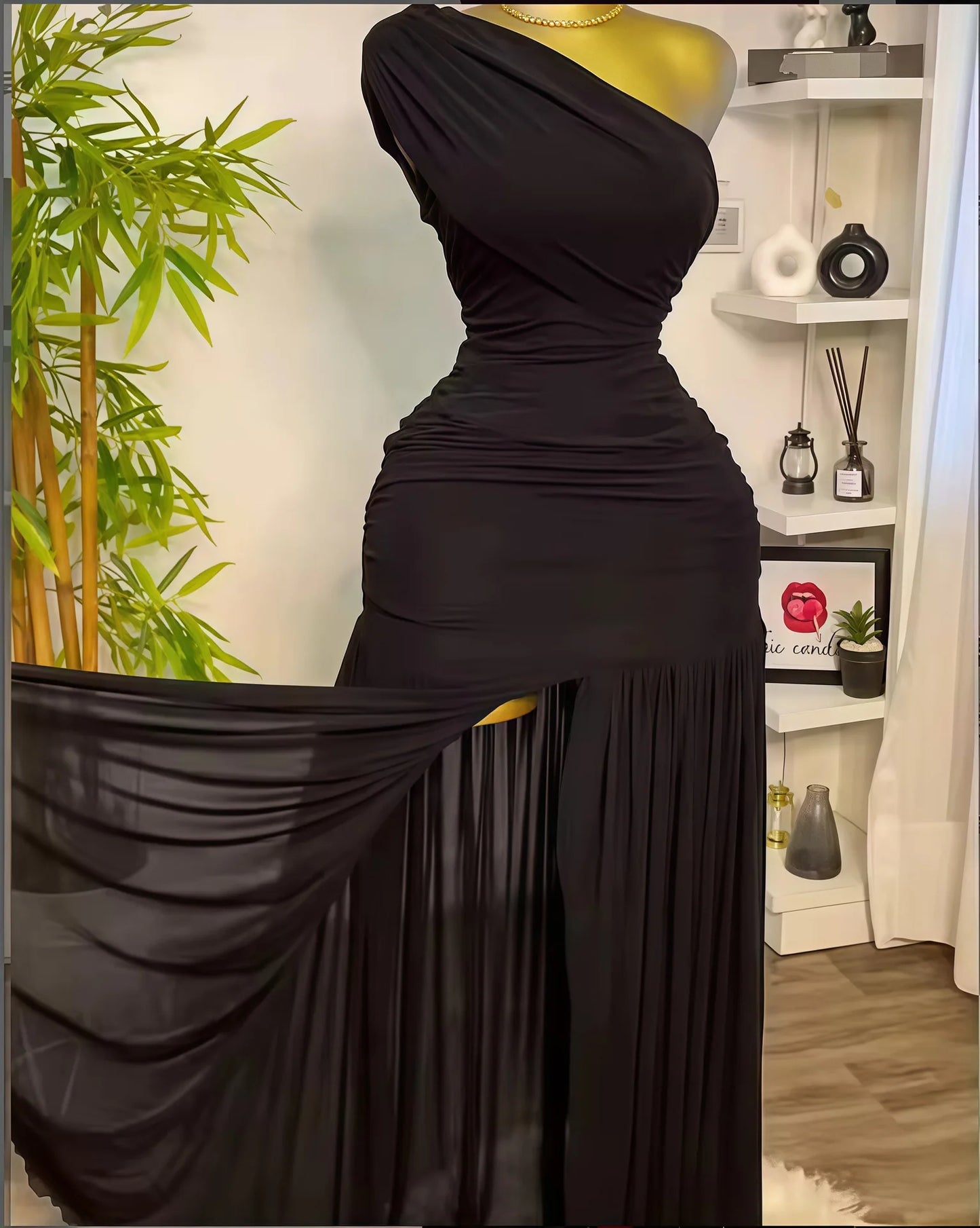 Stilvoller Abend sexy Club Party Urlaub Maxikleid für Frauen elegant schief hals ein ärm von schulter messch schlitz long kleider