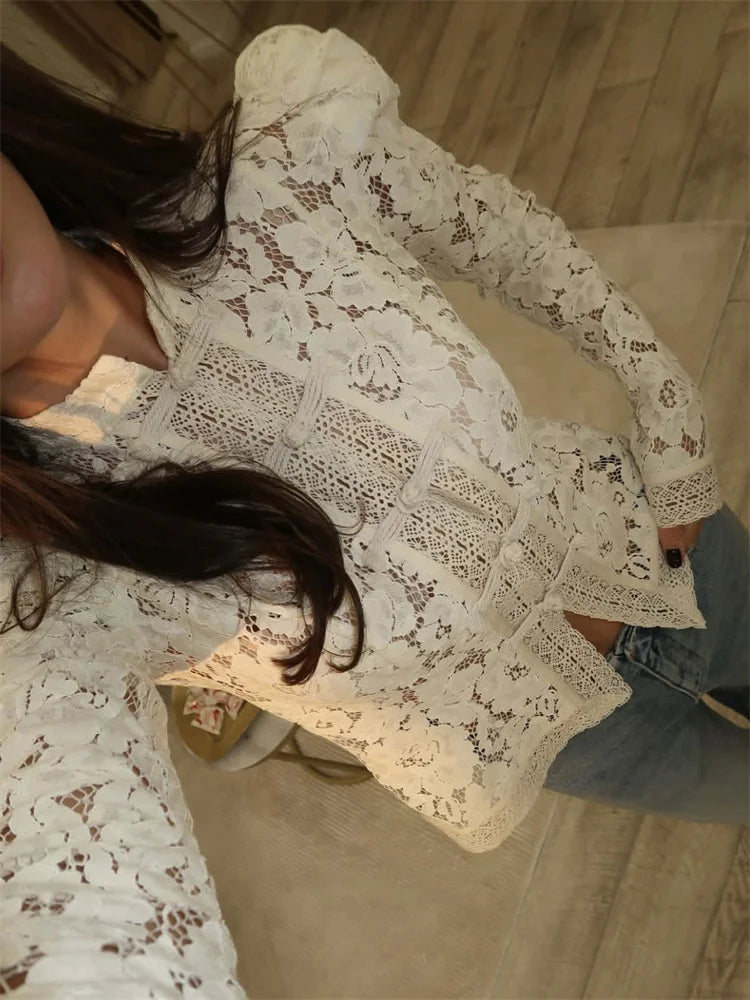 Tosy sommer spitzendruckhirts tops weibliche höhle out mody pulen put vintage durchsichtige bluse women's spitze zuckert sehkel hemden neu