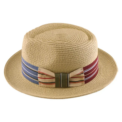 2025 New Fedora Straw pălărie cu o bandă largă cu dungi, pălărie de soare țesută pentru bărbați pentru femei