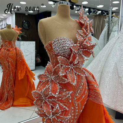 Луксозна оранжева официална рокля за абитуриентско парти aso ebi сватбена годежна рокля 3d дантела перо дълга рокля за знаменитост персонализирана 2025