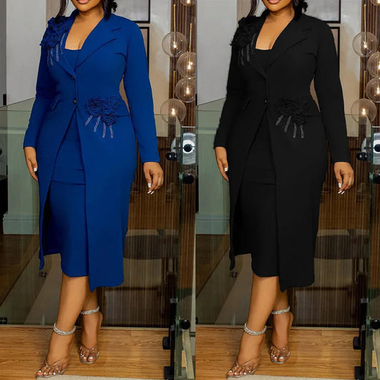 Women Dress Sets Two Pieces Set Matching Set Casual Elegant Flower V Neck Suit Coat Mid Calf Slip Dress Party Night 2025 Work