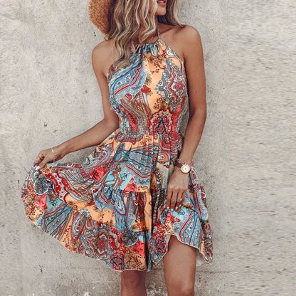 Summer Floral Print Mini Dress Women Sexy Halter Short Dresses For Women Casual Sleeveless  Beach Holiday Dress Boho Style Femme