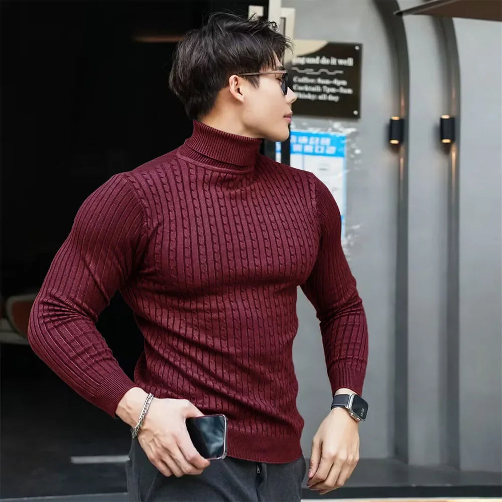 Nya mäns Turtleneck -tröjor Höststickad randig streetwear varm långärmad pullover fast färg Basic Style Casual Tops