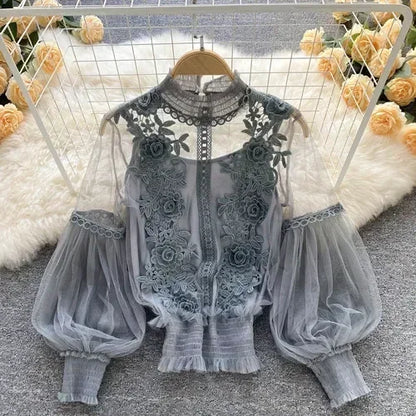 Čipka puff dugi rukavi bluza vintage modne bluze elegantne femme blusas korejske žene vrhovi žene majice odjeća Dropshipping