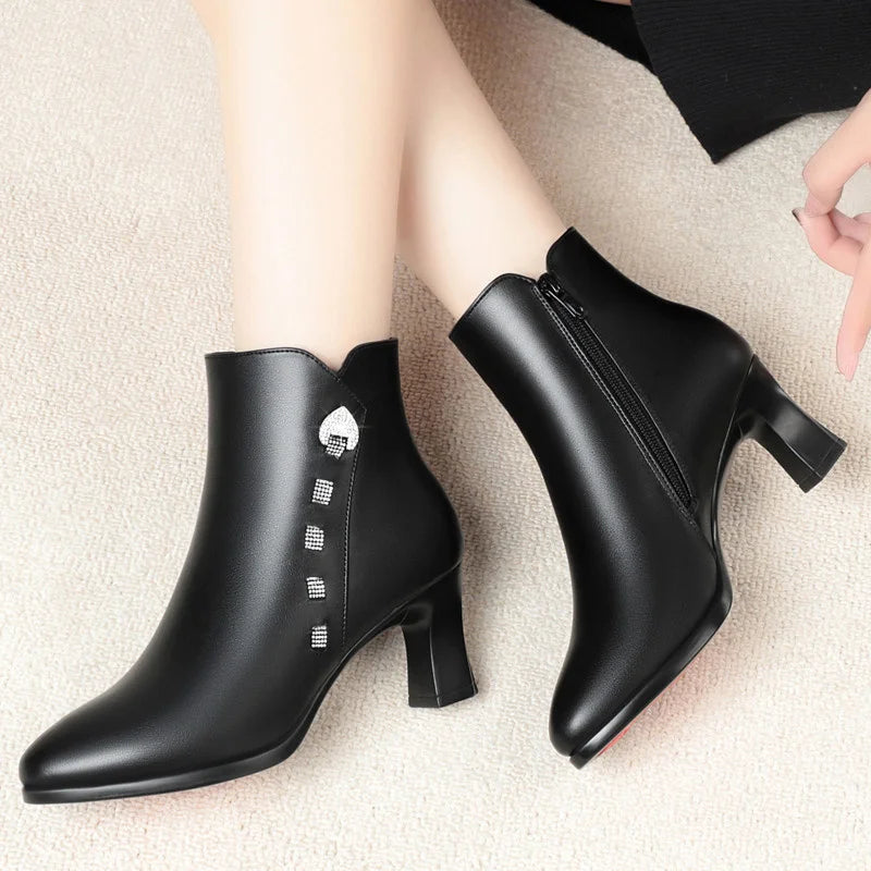 New Autumn Winter Soft Leather Rhinestones Cotton Shoes Woman Fashion Pointed Toe Elegant Comfortable High Heel Boots
