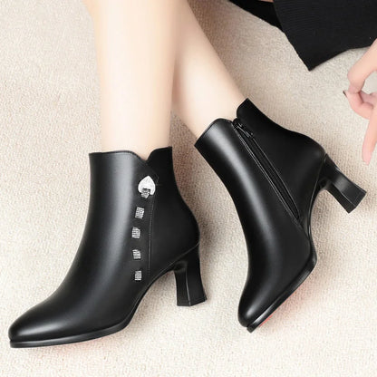 New Autumn Winter Soft Leather Rhinestones Cotton Shoes Woman Fashion Pointed Toe Elegant Comfortable High Heel Boots