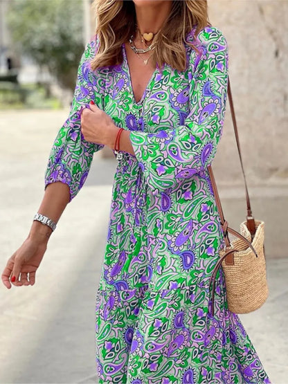 Frauen Herbst neue modische gedruckte sexy V-Ausschnitt Langhülse hohe Taille elastische Taille mittlere Länge Bohemian Kleid