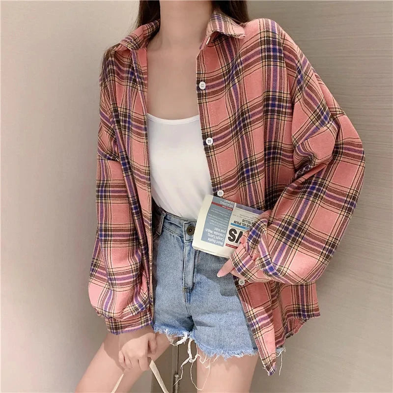 Koszula w kratę Kobiety jesienne długie rękawie Top żeńska moda moda pojedyncza piersi panie w stylu Preppy Style luźne koszule