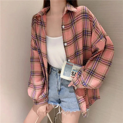 Koszula w kratę Kobiety jesienne długie rękawie Top żeńska moda moda pojedyncza piersi panie w stylu Preppy Style luźne koszule