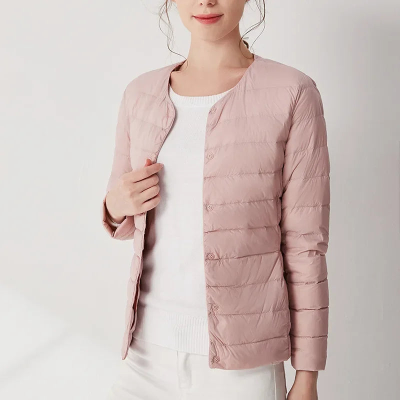 2024 Fall Spring Autume Collarless Light Quilted Puffer Coat New Women Liner Duck Down Jacket O-neck Variable V-neck Female