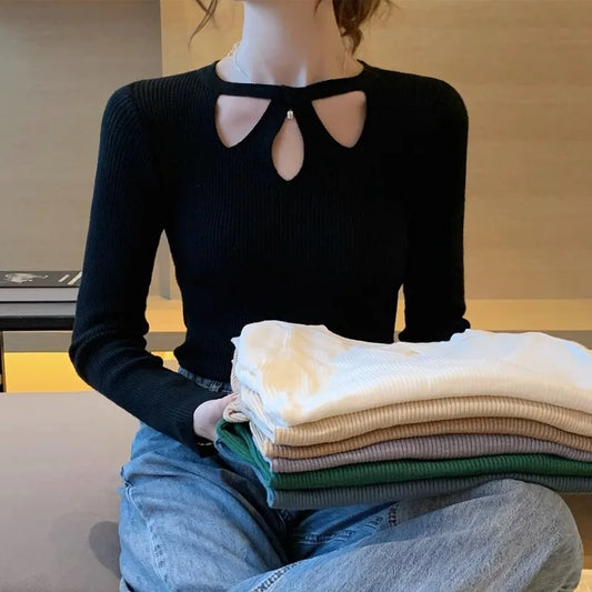 2024 New Autumn and Winter Women's Slim Stretch Sexy Pullover Hollow Solid Color Sweater Slim Bottoming Shirt Sweater Ladies