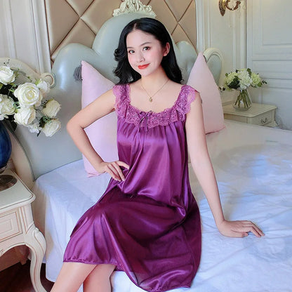Summer Women Nightgown New Brides Wedding Lace Sexy Ice Silk Nightdress Loose Large Size Simulation Silk Nightgown Home Service