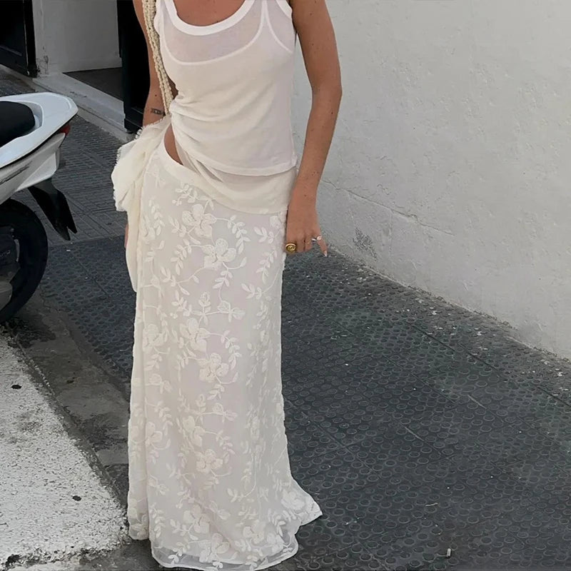 Wheremery elegante francés a-line malla falda larga mujeres mujeres alta cintura casual sexy primavera verano fiesta de noche nuevo maxi falda