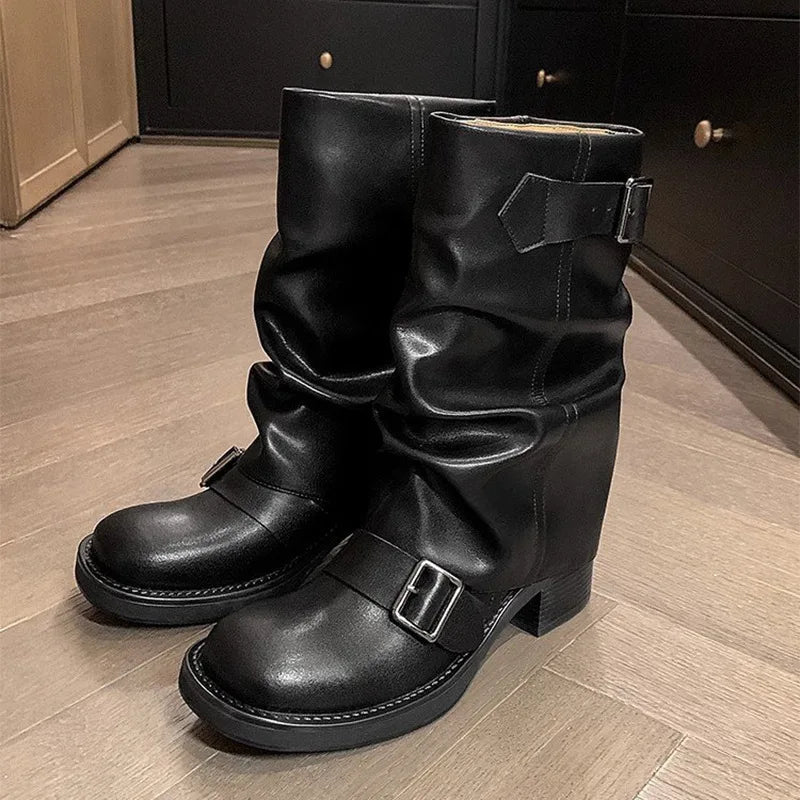 Luxury Women's Boots Slip on Female Mid-calf Boots Retro Biker Boots Fashion Block Heels Women Shoes Pu Leather Zapatos De Mujer