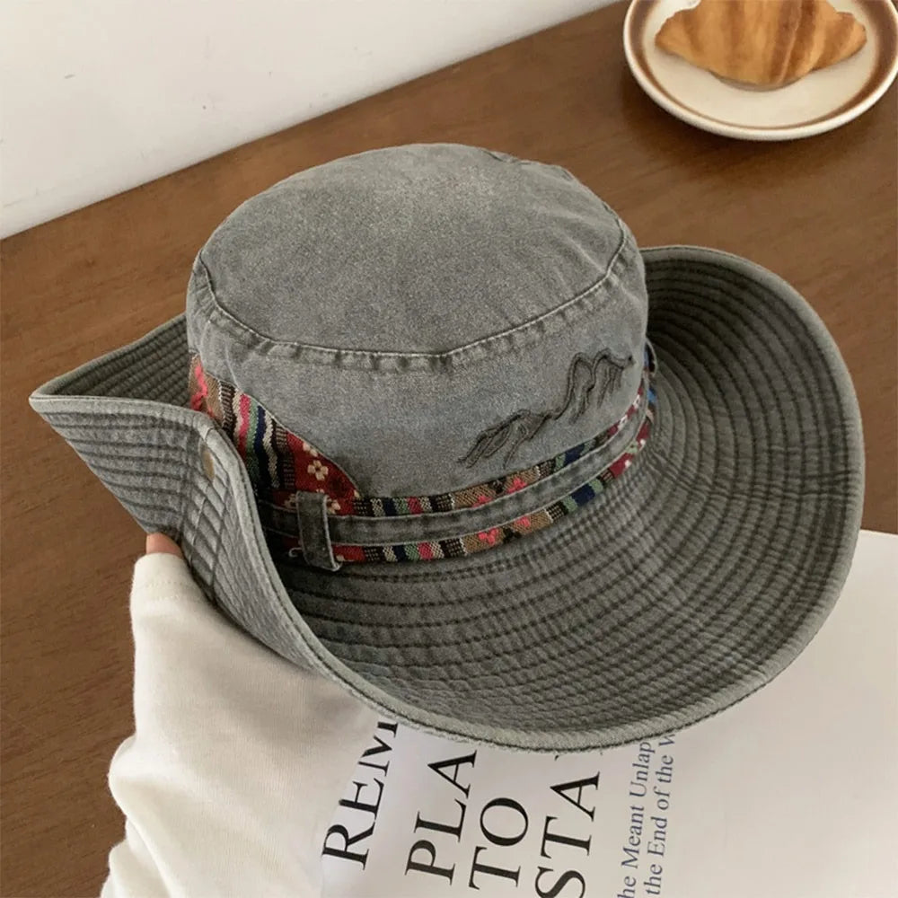 Denim kangas cowboy -kauhahattu tuulenpitävällä hihnalla leveä reunakalastaja korkki auringonsuoja