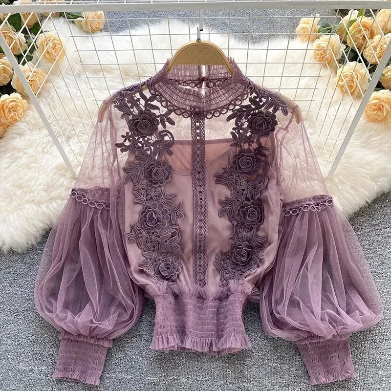Čipka puff dugi rukavi bluza vintage modne bluze elegantne femme blusas korejske žene vrhovi žene majice odjeća Dropshipping