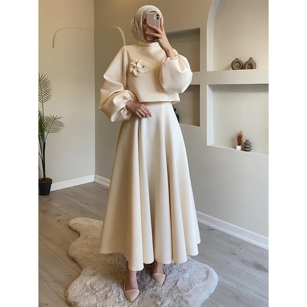 Eid Dubai tískusett 2 stykki konur Lantern ermi Top skyrta og pils hentar Musulman hljómsveitir jalabiya appliques múslimskir settar