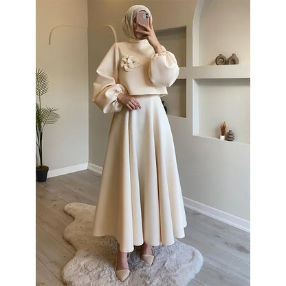 Eid Dubai tískusett 2 stykki konur Lantern ermi Top skyrta og pils hentar Musulman hljómsveitir jalabiya appliques múslimskir settar
