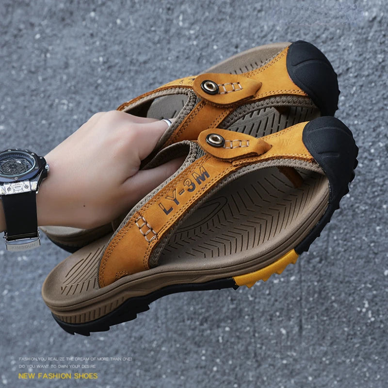 Ósvikinn kú leðurskór karlar sandalar flip flops karlkyns