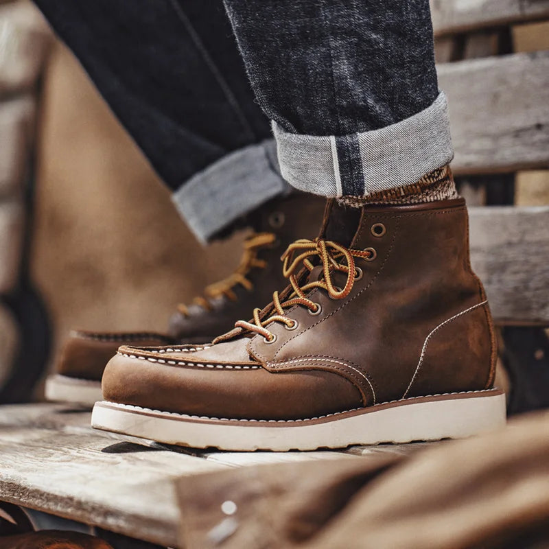 Maden Vintage 875 Knöchelstiefel echte verrückte Pferdederleder runden Zeh Langlebige Schnürstiefel für Winter Herbst Arbeit Schuhe