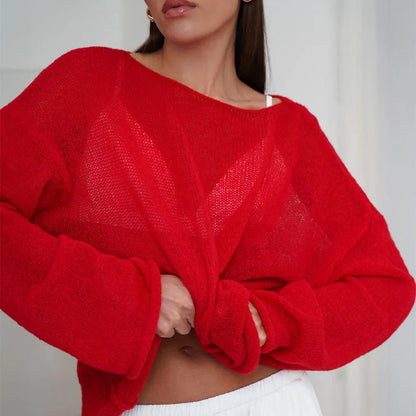 Talenza Hollow Knitted Sweater Pullover Women's Solid See-through O-Neck Long Sleeve Knitted T-Shirt Loose Casual Pullover 2025