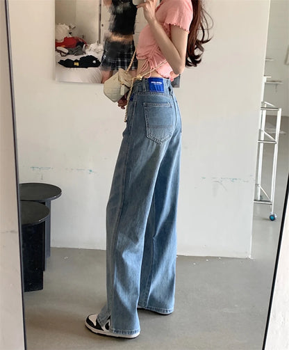 High Waist Wide Leg Straight Jeans Women's Summer 2023 New Loose Fit Design Sensation Small ence Split Floor-Length Pants
