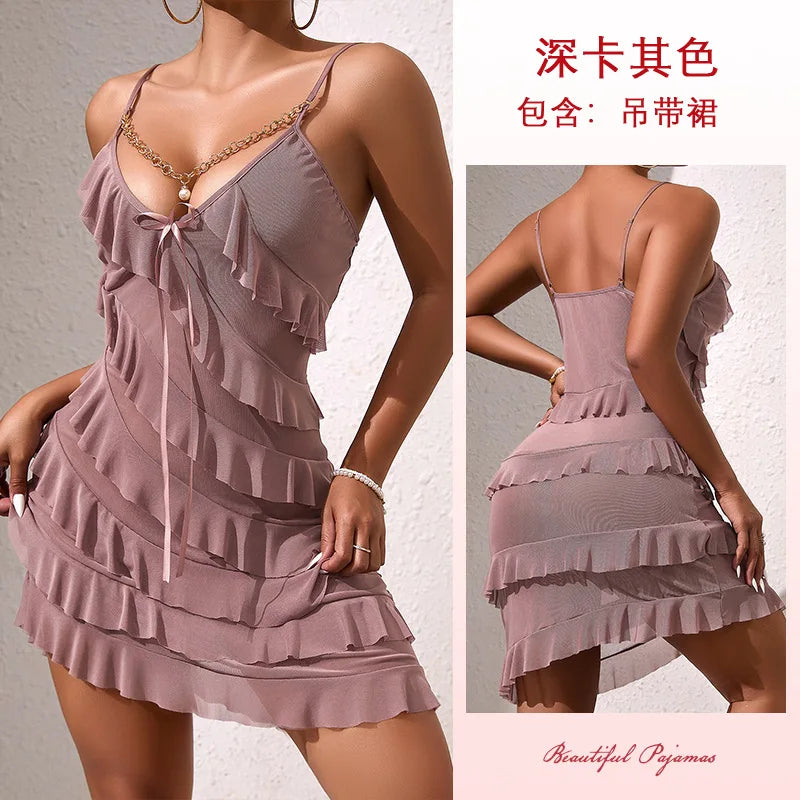 Sexy Night Dress Multi Layered Ruffles Pajamas Dress Golden Chain Pearls Nightgown Mesh Suspender Nightie Home Wear Tiered Skirt