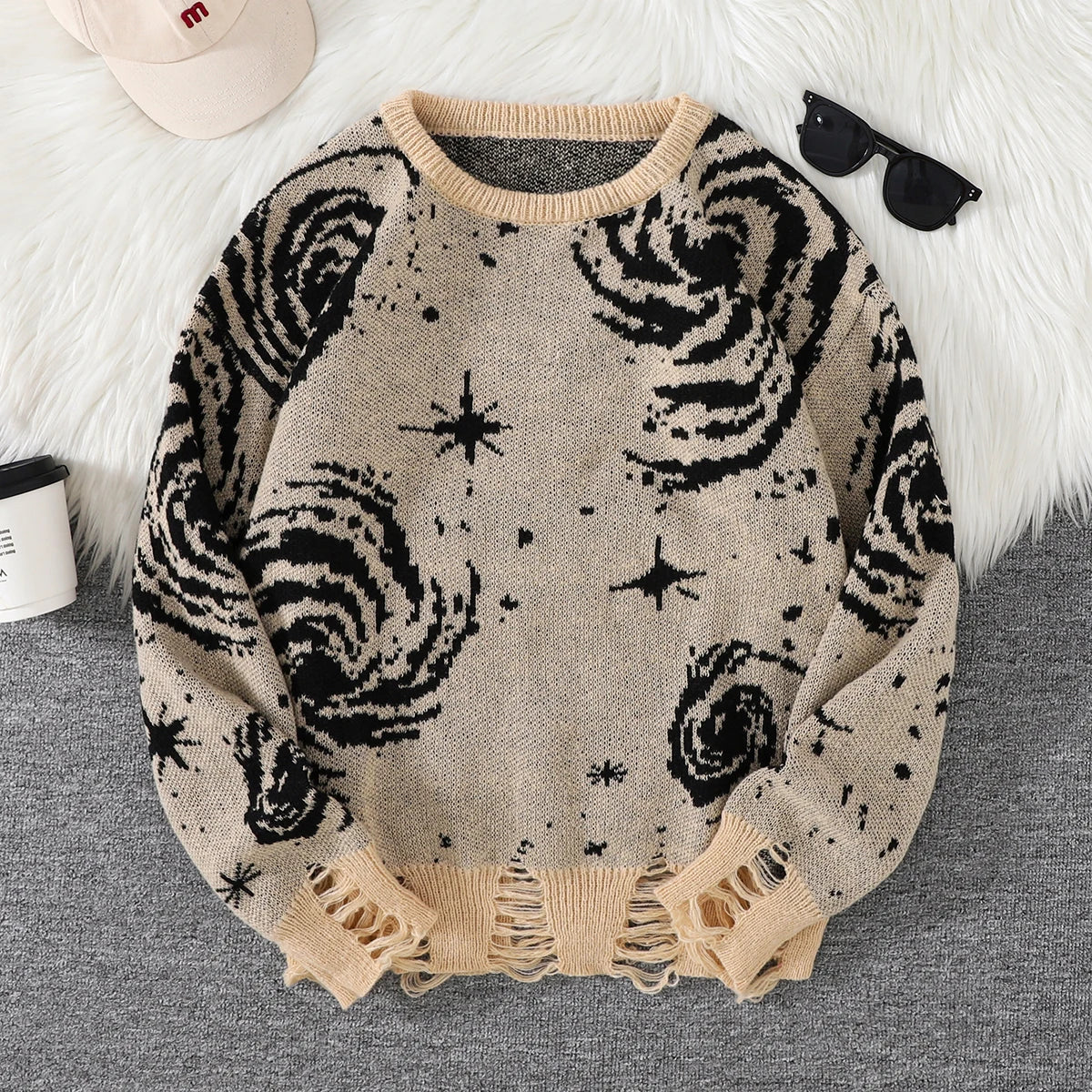 Novo Popular Street Ripped Ripped Starry Sky Padrão Pullover rasgado suéter casual Round Neck Knit