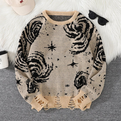 Novo Popular Street Ripped Ripped Starry Sky Padrão Pullover rasgado suéter casual Round Neck Knit