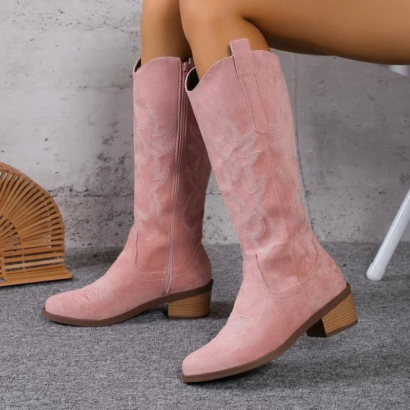 Ženske vezne viteške čizme Žene retro kvadratni nožni prst pu kože koljena visoke čizme ženska jesen zima zapadni kaubojski botas mujer