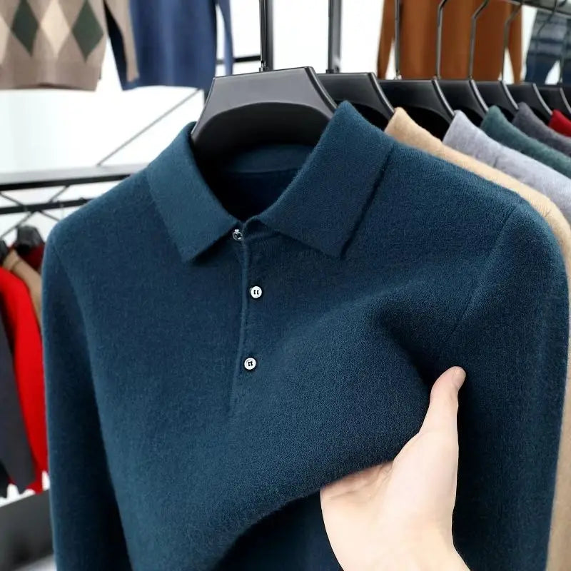 Älykäs rento syksyn talvipaita miehet Solid Lapel Button Simplicity Muoti Ylellinen pitkähihainen pullovers -neulotut topit