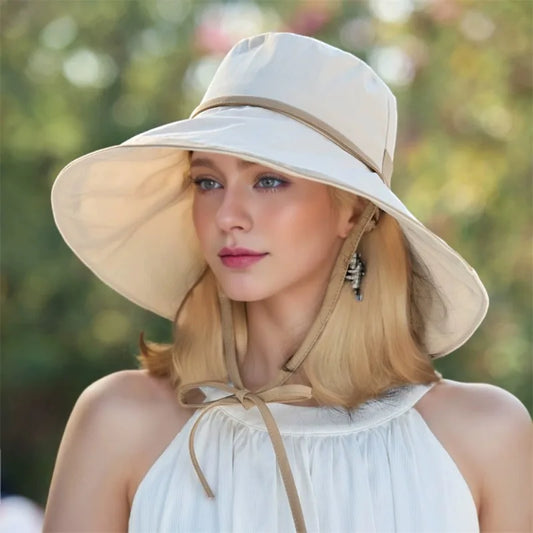 New French Style Women's Sun Hat Wide Brim Fisherman Hat Beach Travel, Lightweight Foldable Straw Summer Hat with Elegant