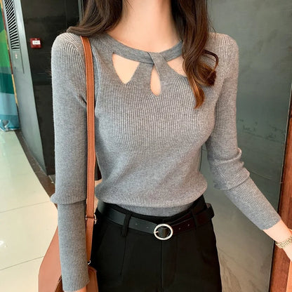 Women's O-neck Stretch Sexy Pullover Lady 2024 Autumn Winter Hollow Solid Color Sweater Slim Bottoming Shirt Jumper Sueter 16639