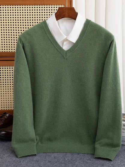 Men 100% Merino Wool Sweater V-Neck Pullover Autumn Winter Cashmere Warm Solid Knitwear Clothes Business Bottoming Soft Tops