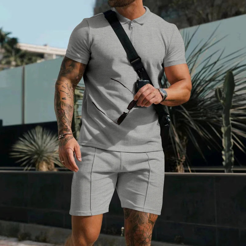 Heren comfortabel wafelpolo shirt met korte mouwen en shorts set - ademende lichtgewicht lente/zomerkleding