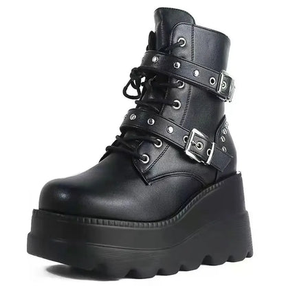 Nieuwe dames pu lederen enkelschoenen vrouwen herfst winterronde teen veterschoenen vrouw motorfiets platform bota's gotische schoenen