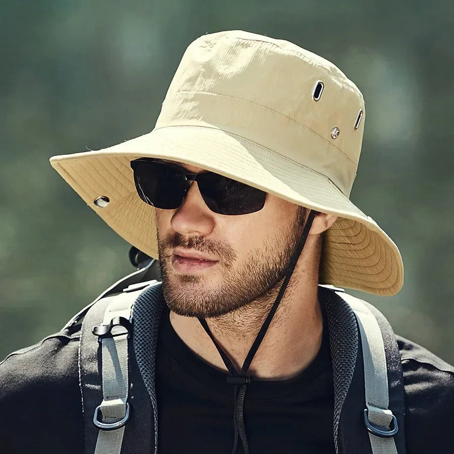 New Men's Wide Brim Sun Sombrera - Sombrero de cubo de safari de protección UV impermeable para pescar escalada escalando al aire libre de gran tamaño